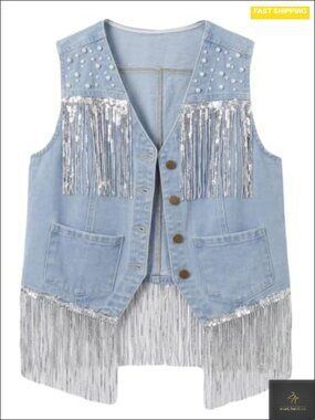 Cropped Fringe Denim Vest Top Women Western Cowgirl Pearl Button Jean Vest